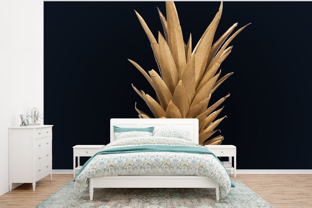 MuchoWow Fototapete für Wohnzimmer oder Schlafzimmer Wandtapete Vinyl Motivtapete Ananas - Gold - Farbe - Schwarz - Obst - Luxus - 375x280 cm - ...