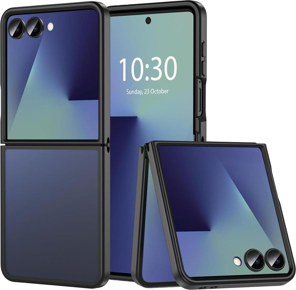A flip phone case is shown in an open and closed position, with the phone inside.