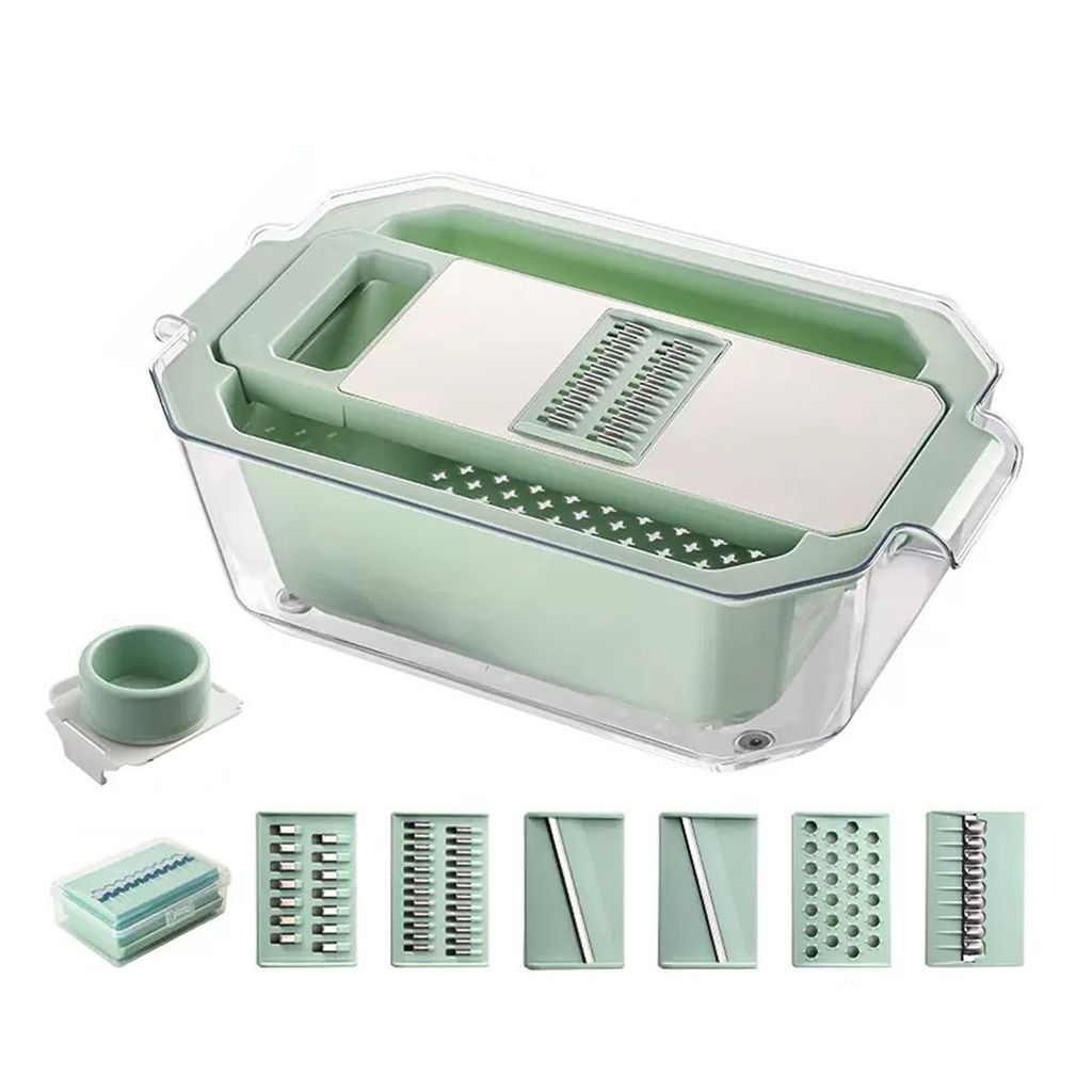 Gemüsehobel Edelstahl,7 in 1 Multifunktional Panel Gemüsehobel,Leicht Abtropfender Vegetable Chopper Dicer,Mit Abflusskorb und 6 Klingen, Grün