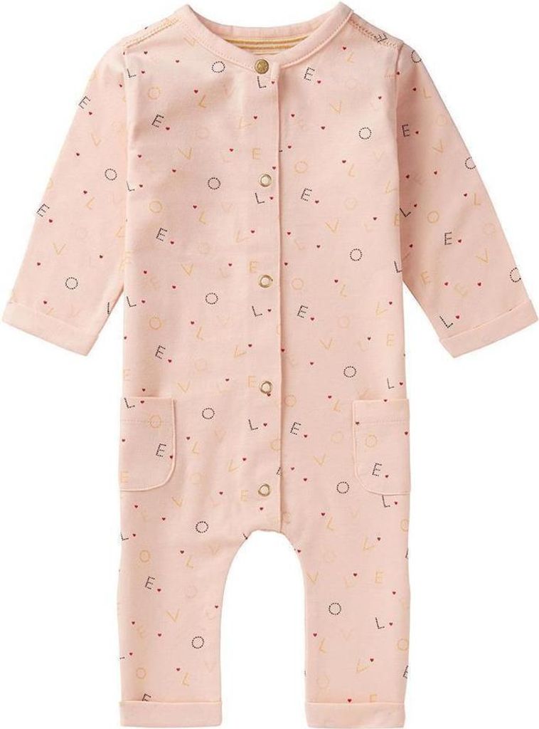 Noppies Strampler Hotazel für Mädchen, Rosa, Größe 80, mit Druckknöpfen, LOVE-Aufdruck und Taschen