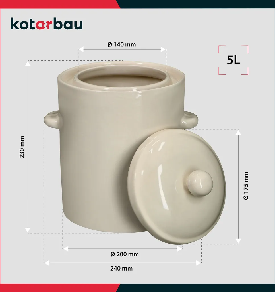 KOTARBAU® Pentola per la fermentazione dei crauti Pentola per crauti da 5 litri in argilla con coperchio Pentola in gres Barile per la fermentazione dei cetrioli Pentola in gres per il rum Pentola per il decapaggio Pentola in pietra Contenitore per kimchi Pentola in gres ceramico - 3
