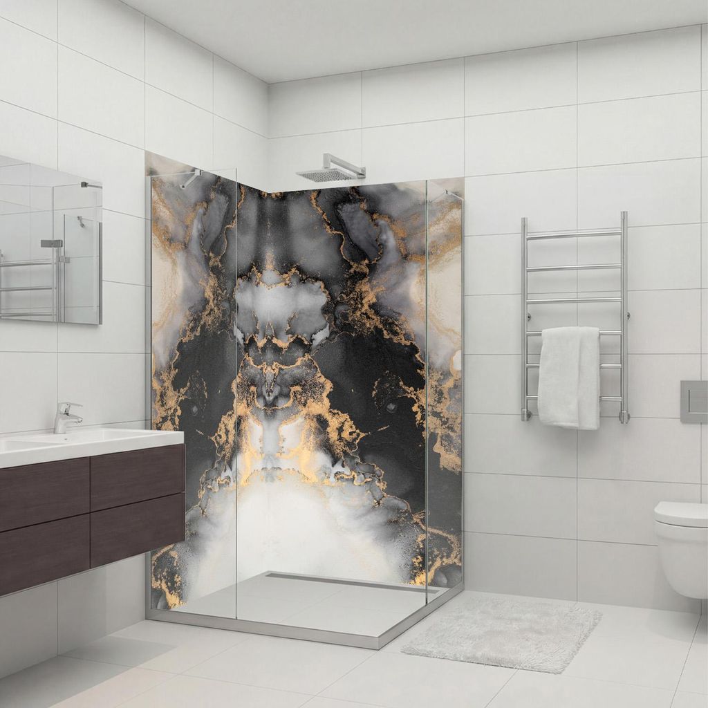 dedeco Eck-Duschrückwände Aluminium wasserfest Motiv: Marmor V13, 2 x 90x210x0,3cm, Fliesenersatz fugenlos Wandverkleidung Wandpaneele, Germany