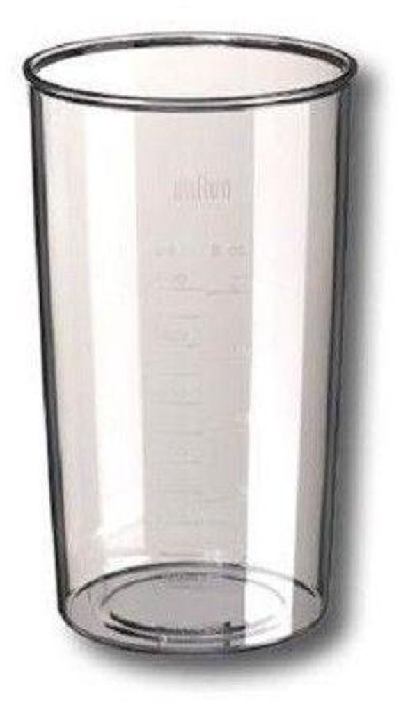 A clear plastic measuring cup with markings on the side.