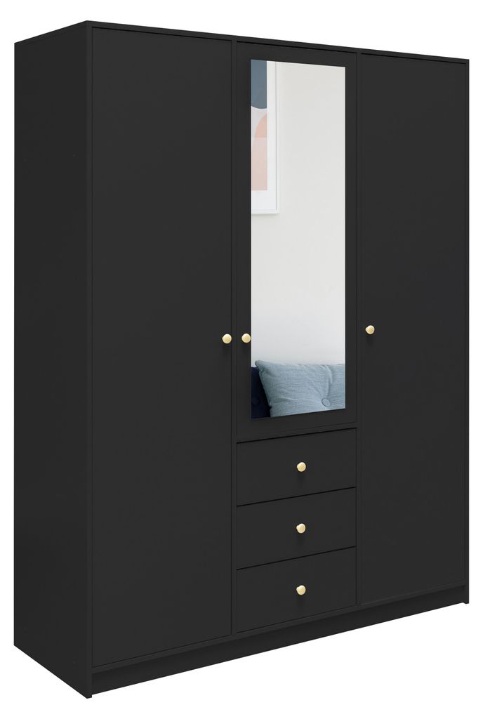 Masseno Drehtürenschrank GALIO 149/200/57,5 cm 3-türig mit Spiegel Schwarz