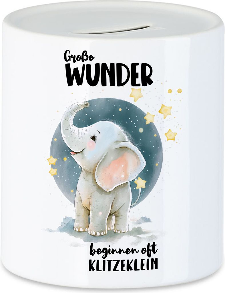 Große Wunde beginnen oft klitzeklein Spardose Elefant Geburt Geschenk Hallo Baby