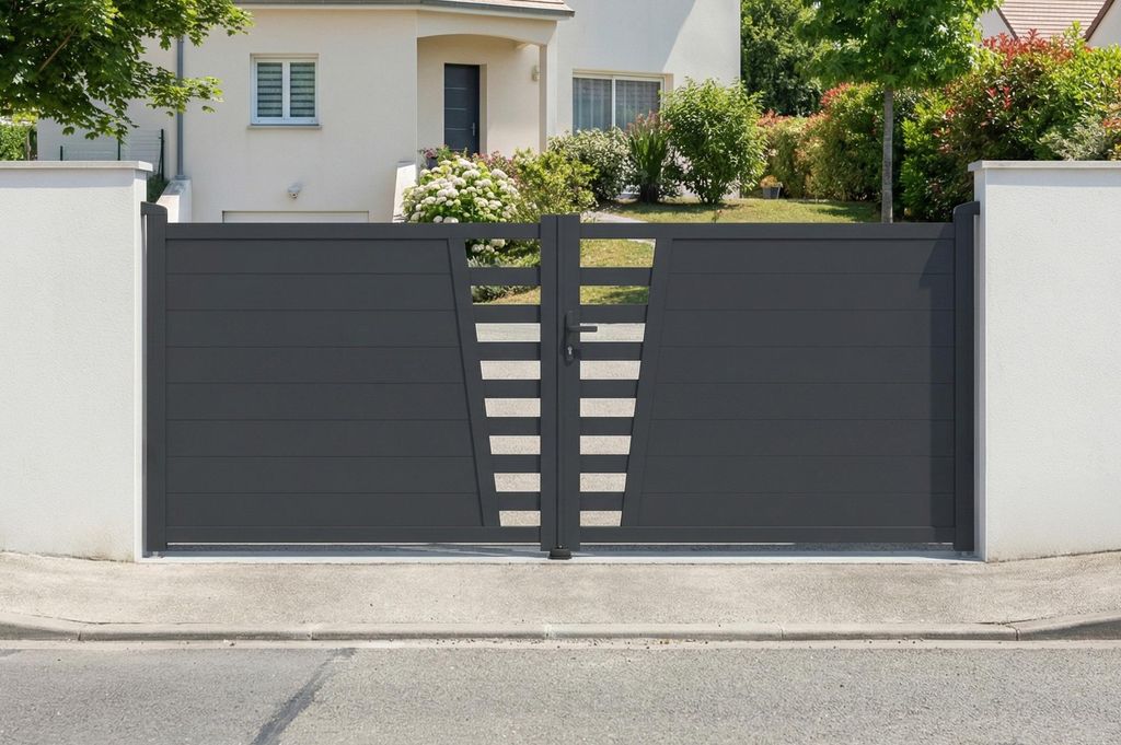 Schwingtor 3,5 m CERVINA H. 140 cm graues Aluminium + Tor 1 m H. 140 cm graues Aluminium