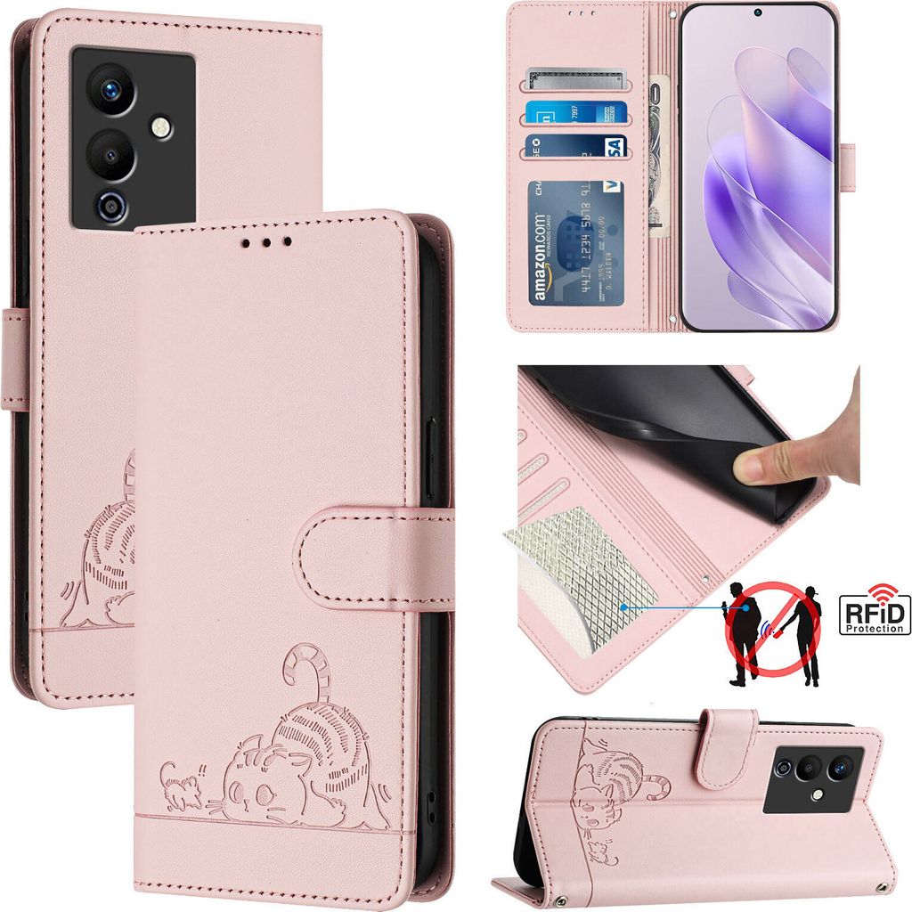 Leder Hülle für Infinix Note 12 Pro 5G/Note 12 5G Süße Katze Flip Case Brieftasche Schutzhülle mit Standfunktion Pink