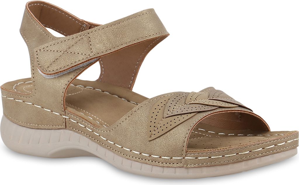 VAN HILL Damen Komfort Sandalen Bequeme Keilabsatz Schuhe 841647, Farbe: Khaki, Größe: 40