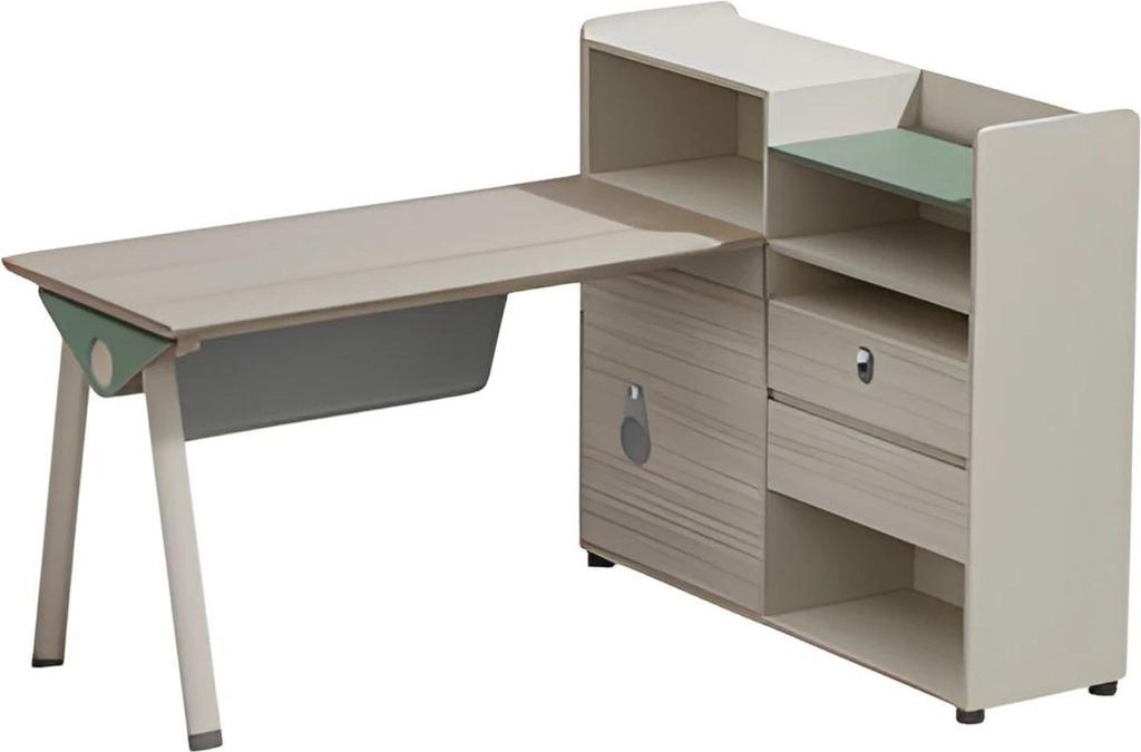 Schreibtisch Bürotisch Modern Beige Grau Stauraum Regal Schubladen Schloss Glas