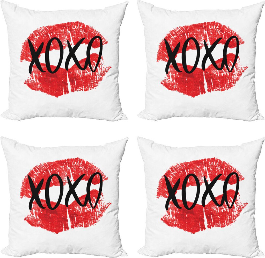 ABAKUHAUS XOXO Kissenbezug Set (4 Stück), Lippenmuster mit Liebe Küsse, Moderner Doppelseitiger Digitaldruck, 45 cm x 45 cm, Vermilion Koksgraue