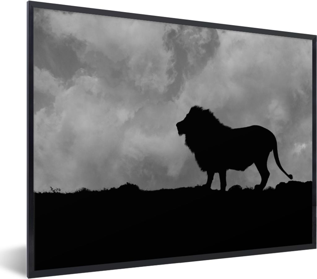 MuchoWow MuchoWow Gerahmtes Poster Silhouette eines Löwen bei Sonnenuntergang - schwarz und weiß 80x60 cm - Poster mit zchwarzem Bilderrahmen...