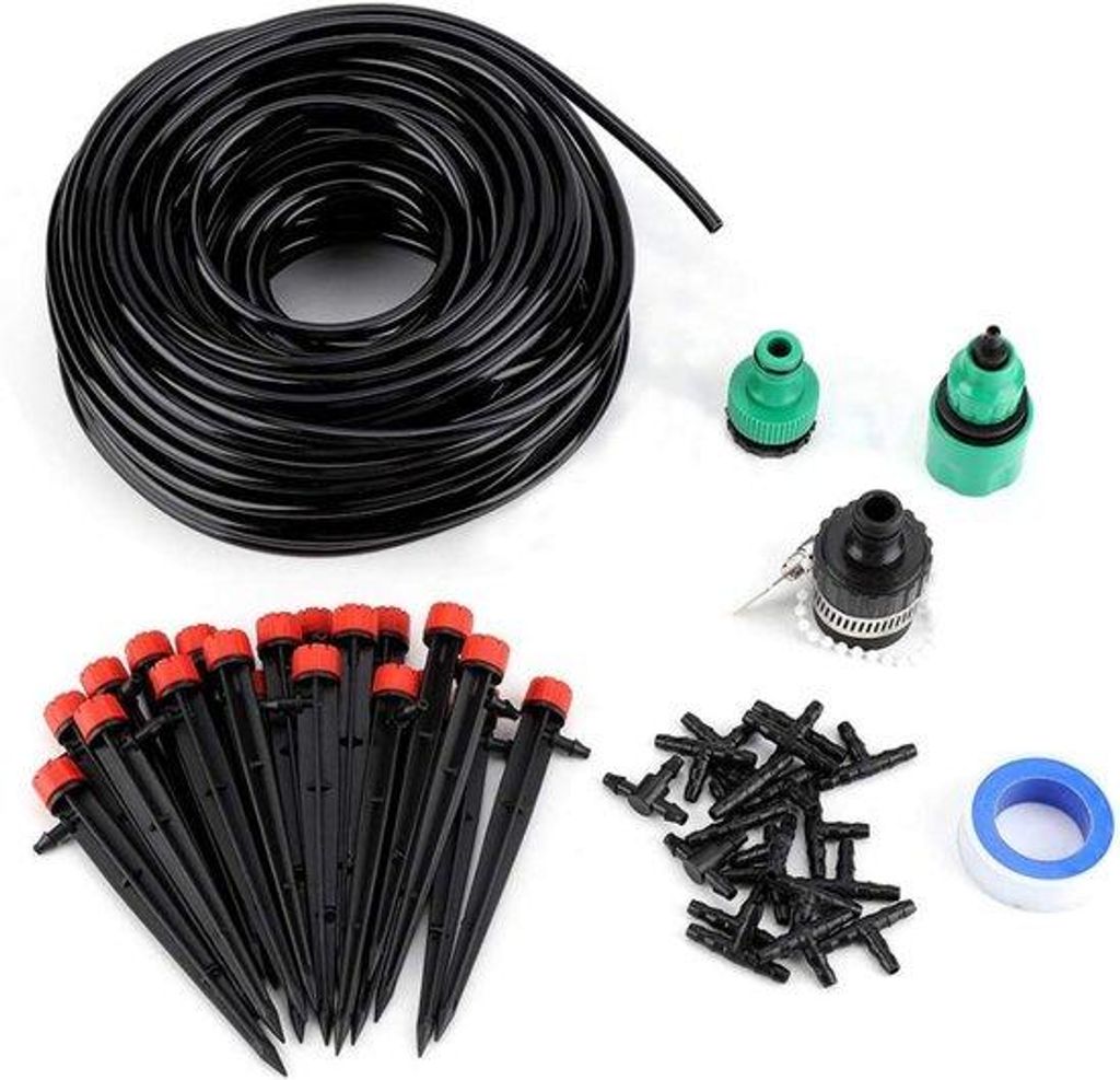 Automatisches Düsen-Set für Garten und Balkon - 25m Wasserleitung - 19 x 4/7 T-Stück - Micro-Düse-System für Patio und Gewächshaus.