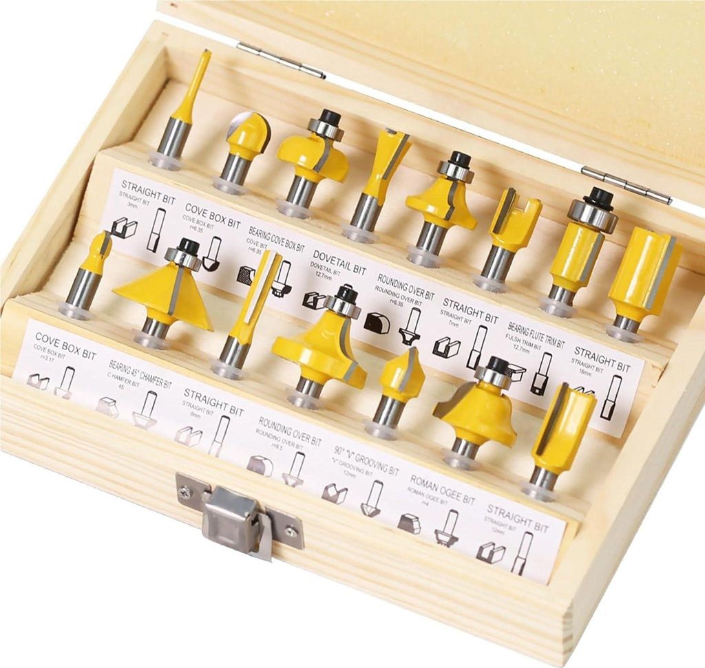 Fräsersatz HM 15tgl Schaft 6.35mm Nutfräser Profilfräser für Oberfräse Holzfräser Fräser Bit Set mit Schraubenschlüssel