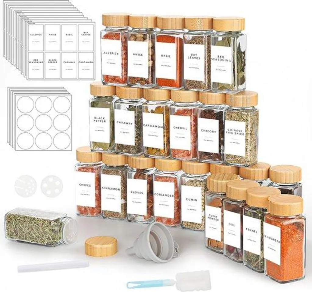 Pots à épices avec couvercle bambou et étiquettes : pack de 24 pièces