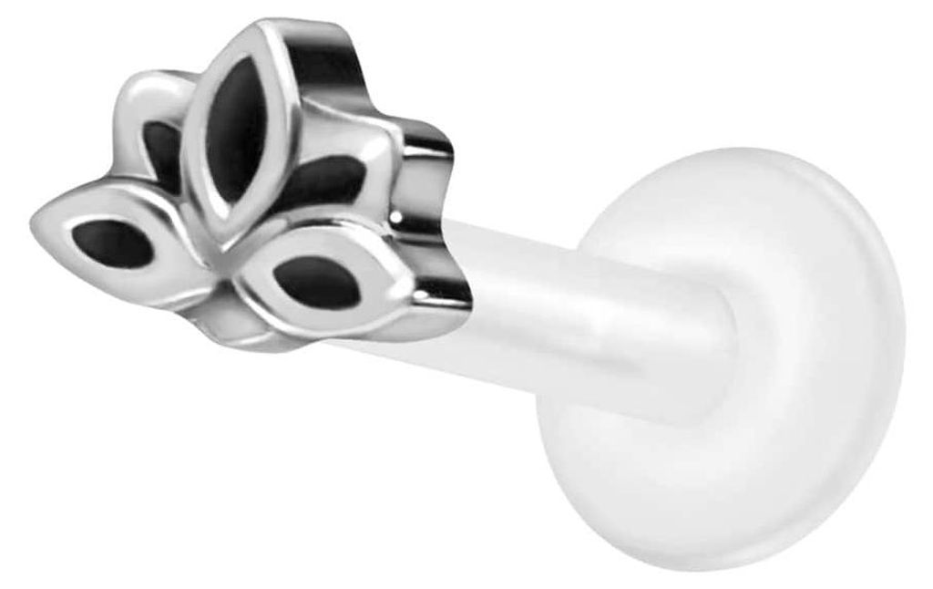 Ohrpiercing, Nasenpiercing PTFE Labret mit Innengewinde + Titan-Aufsatz LOTUSBLÜTE Silber Stablänge: 10mm | Stabstärke: 1,6mm