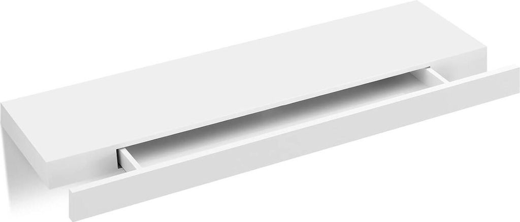 A white floating shelf with a drawer pulled out, displayed against a white background.