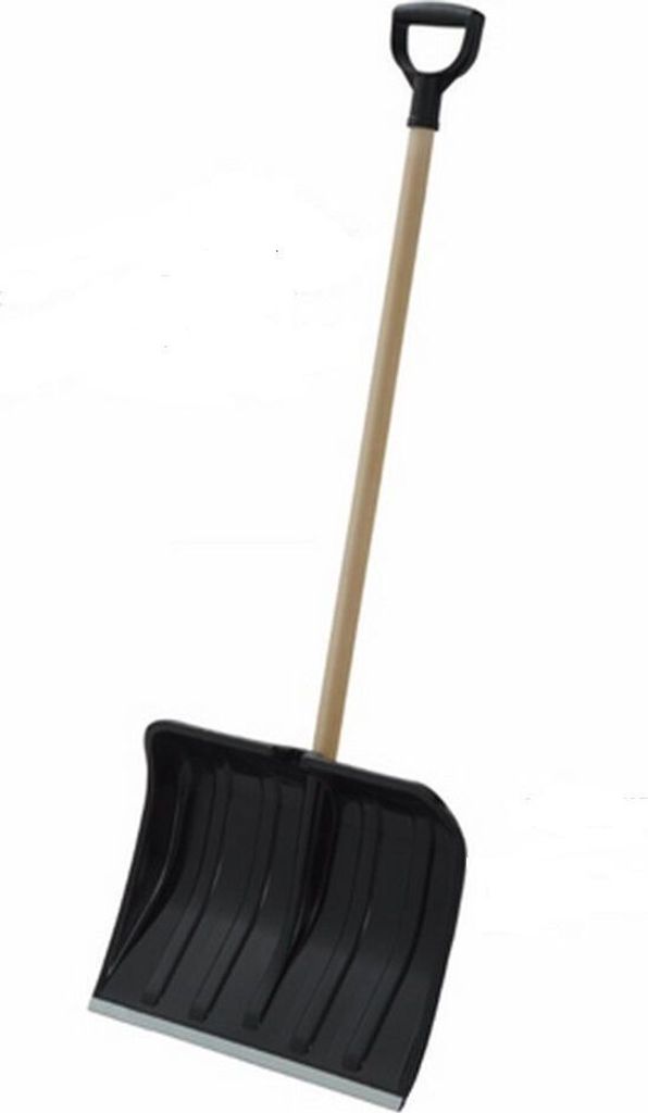 A shovel with a black plastic scoop and a wooden handle with a black grip, isolated on a white background.
