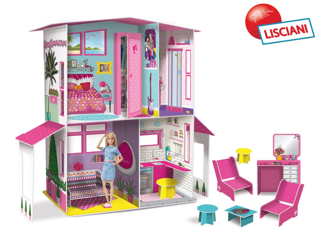 A dollhouse with furniture and a doll, presented as a product image.