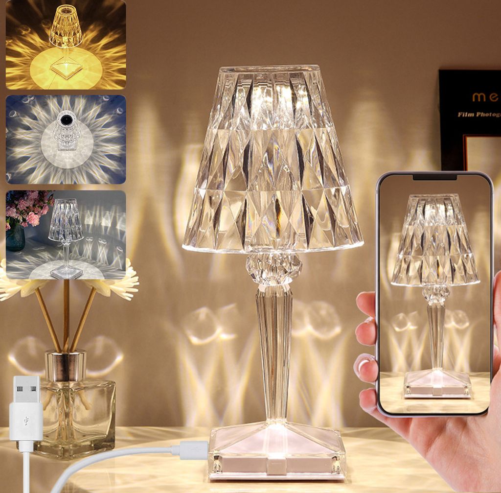 LED Kristall Tischlampe Diamant Nachttischlampe 3 Lichtfarben Dimmbar USB Strom Acryl Atmosphäre Nachtlicht Dekoration Für Schlafzimmer