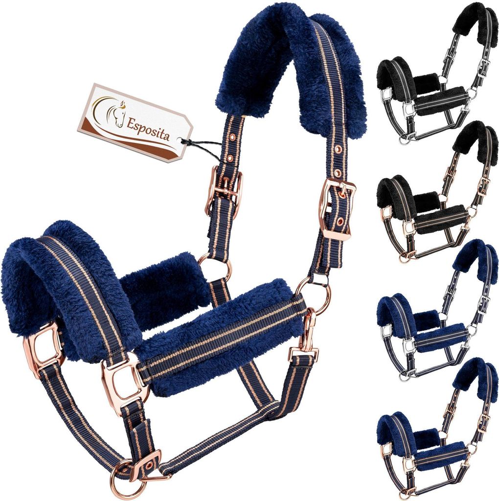 Esposita Halfter "Champion Edition" mit flauschigem Fell Navy/Rosegold Draft/KB