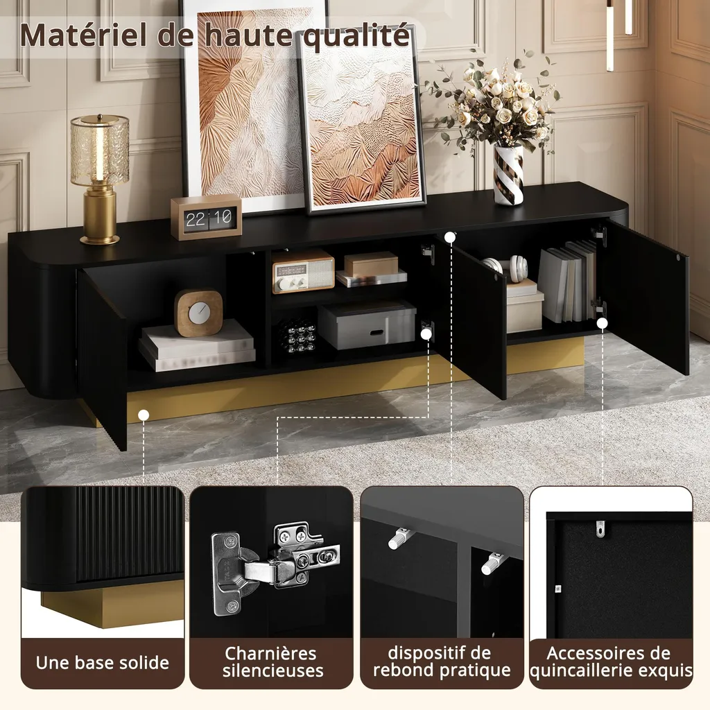 Meuble TV Design Coins Arrondis en MDF Noir, Support Multimédia Stable - 5