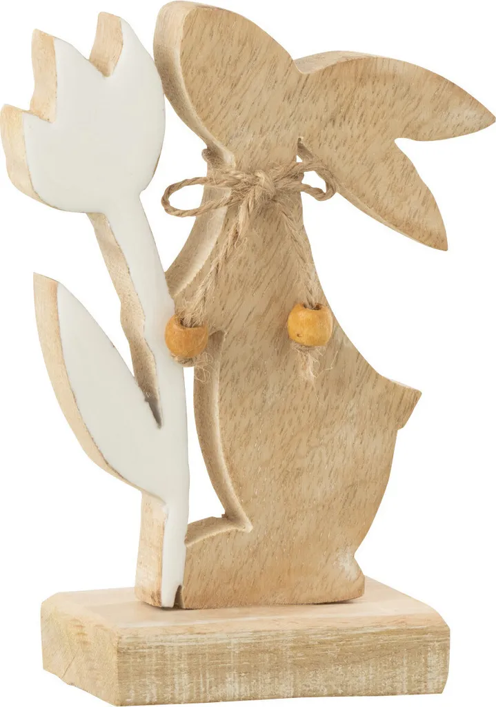 Lapin Déco J-Line en Bois Blanc Fleuri - Petit Modèle Style Champêtre