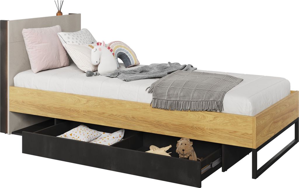 Furniture24 Bett TEEN FLEX TF-16 mit Schublade Lattenrost 90x200 cm und Led Beleuchting in Kopfteil