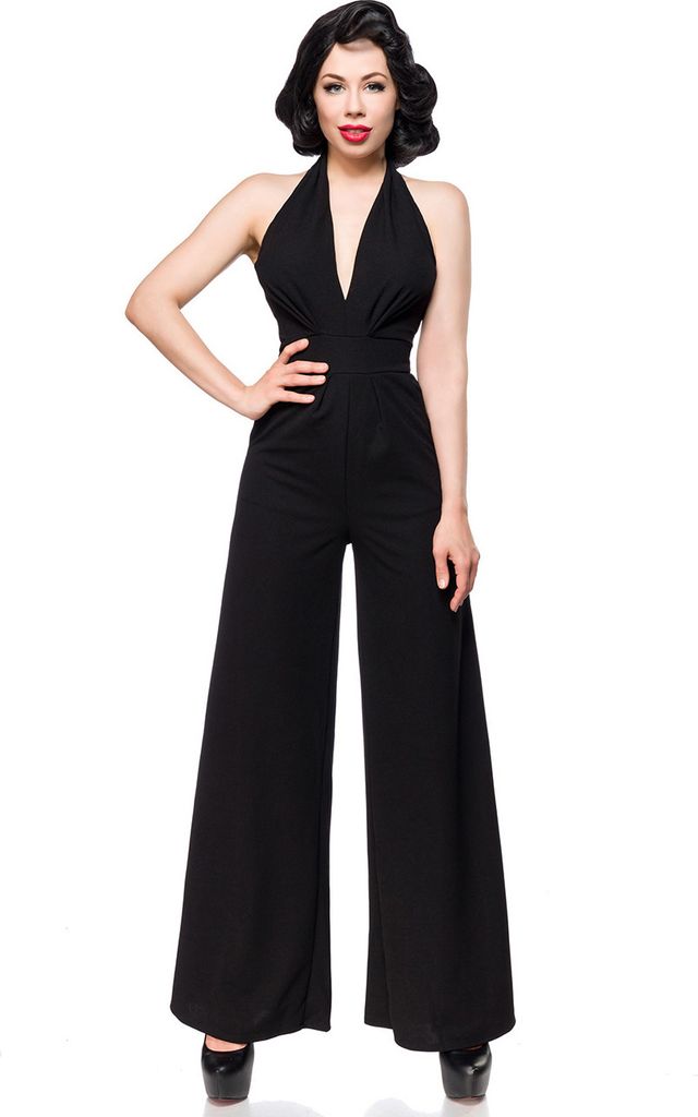 Belsira Damen eleganter Overall Neckholder-Jumpsuit Einteiler mit weitem Bein, Größe:3XL, Farbe:Schwarz