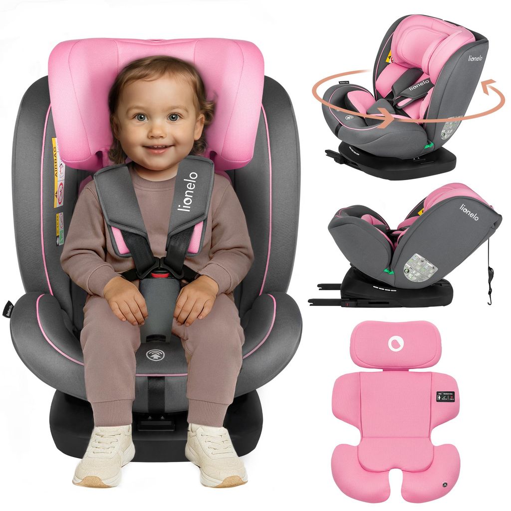 A child is sitting in a car seat, with additional images showing the car seat's features and accessories.