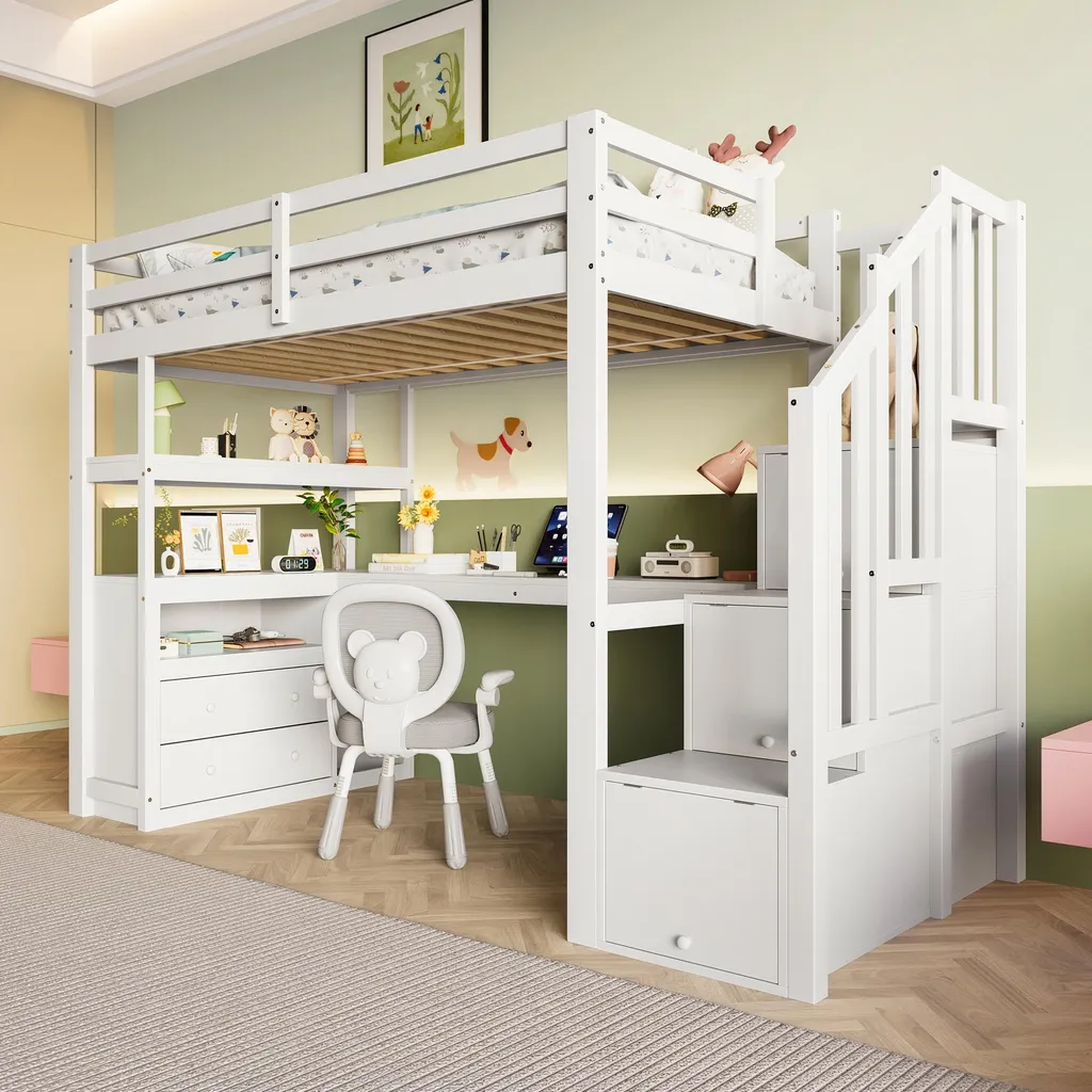 Lit Mezzanine Gain de Place 90x200 cm avec Bureau pour Petite Chambre