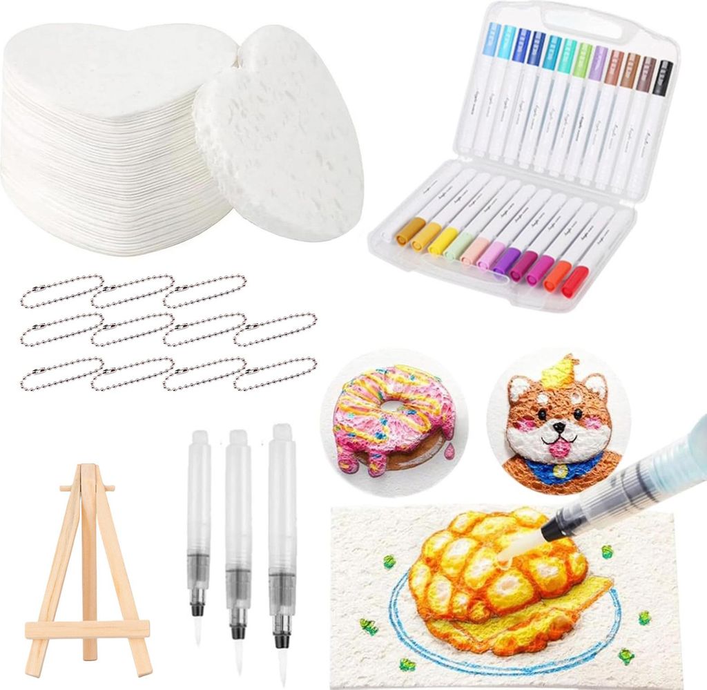 Magisches Schaumtextur-Malset, DIY-3D-Schaum-Malkunstset mit Wasserpinselstiften, bauschigem Popcorn, Zeichenleinwand, Schwamm, Bastelbedarf