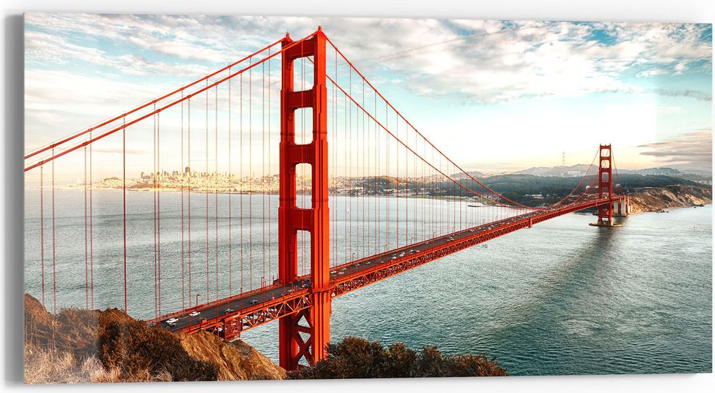 DEQORI Glasbild Echtglas 60x30 cm 'Golden Gate Bridge' Wandbild Bild modern Deko