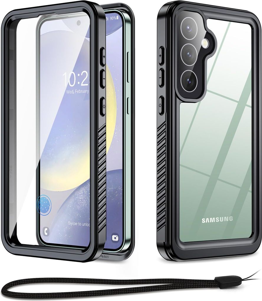 A product shot of a phone case with a phone inside, shown from two angles, and a separate shot of the back of the phone case.