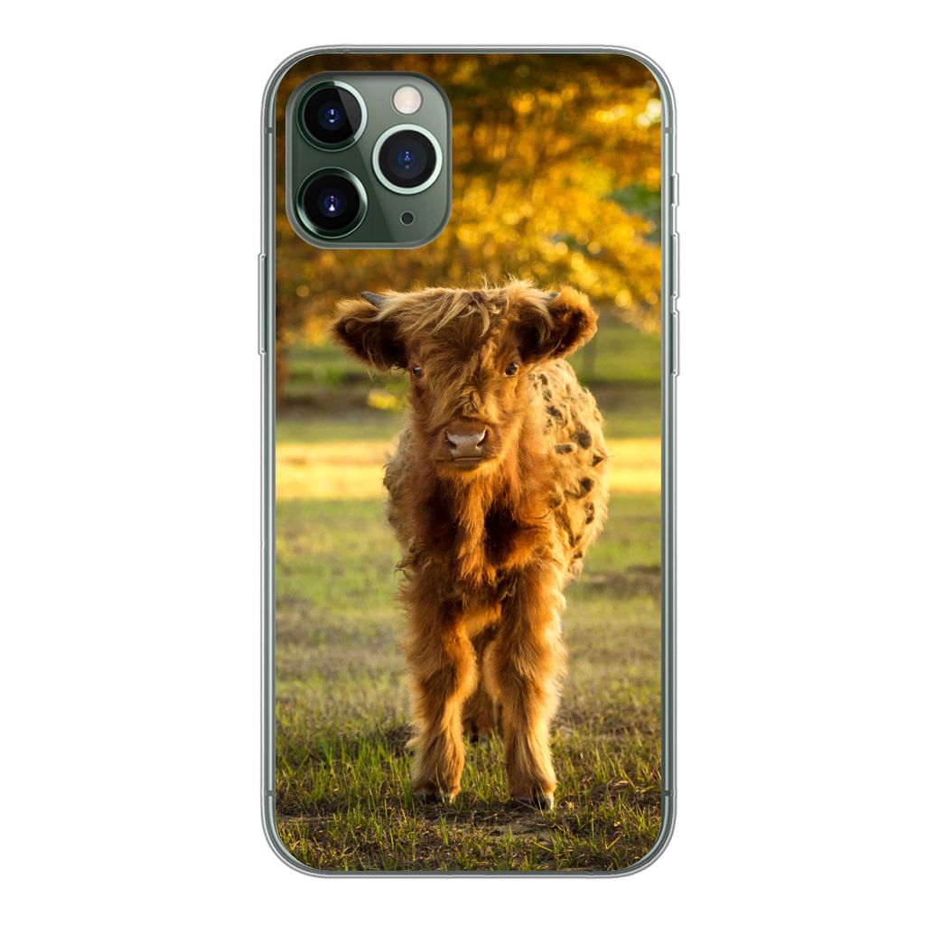 MuchoWow Handyhülle Schutzhülle Hülle für iPhone 11 Pro Schottischer Highlander - Kalb - Herbst Silikon Softcase Handy Hülle - Handy