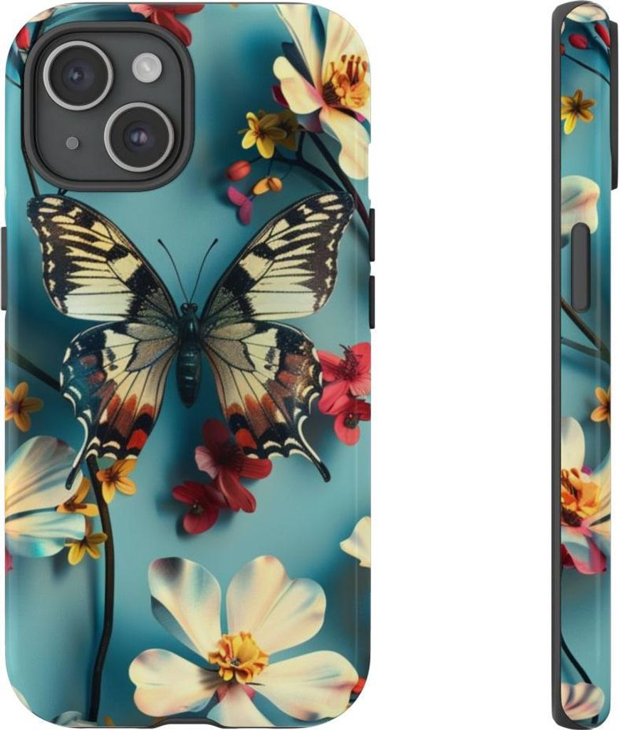 Schmetterling und Blumenmuster auf Blau – Hülle Kompatibel mit iPhone 15