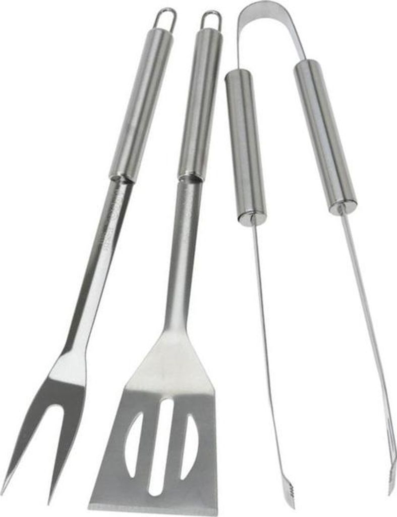 A set of stainless steel barbecue tools including a spatula, fork, and tongs, arranged on a white background.