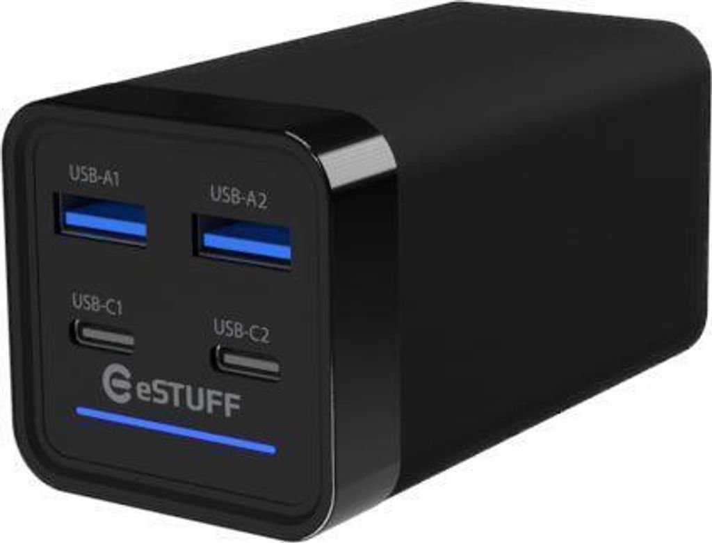 eSTUFF - Netzteil - GaN - 65 Watt - PD 3,0, QC 3,0, QC 4,0+, Apple 2,4A, PD/PPS - 4 Ausgabeanschlussstellen (2 x USB-C,