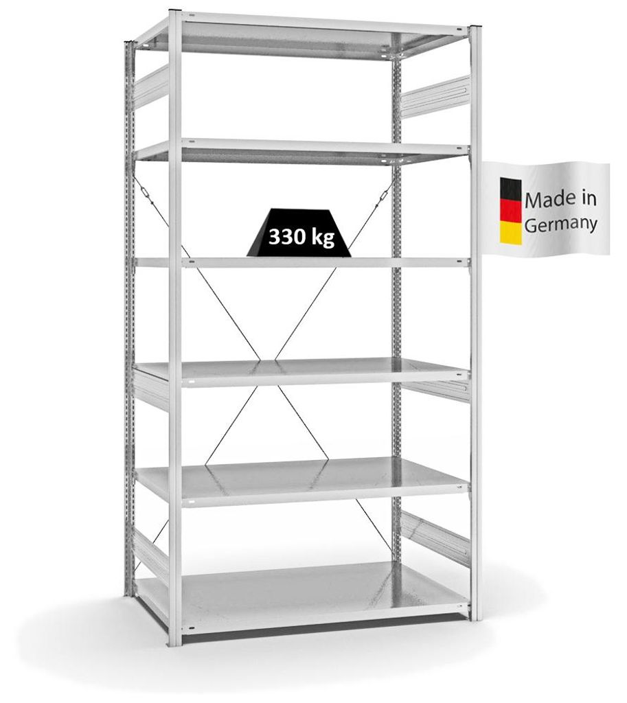 PROREGAL Fachbodenregal Stecksystem MAGNUS Germany | HxBxT 250x130x80cm | 6 Ebenen | Fachlast 330 kg | Einseitig nutzbar | Lichtgrau