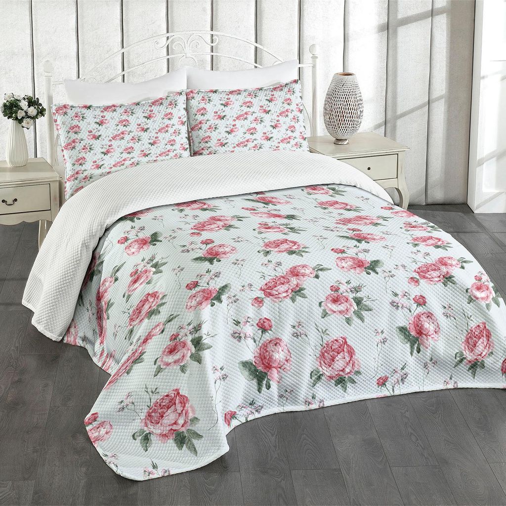 ABAKUHAUS Shabby Flora Tagesdecke Set, Romantischer Frühlings-Sommer blüht Garten-Rosen mit Blatt-Grafik, 220 x 220 cm, Mandelgrün Blassrosa