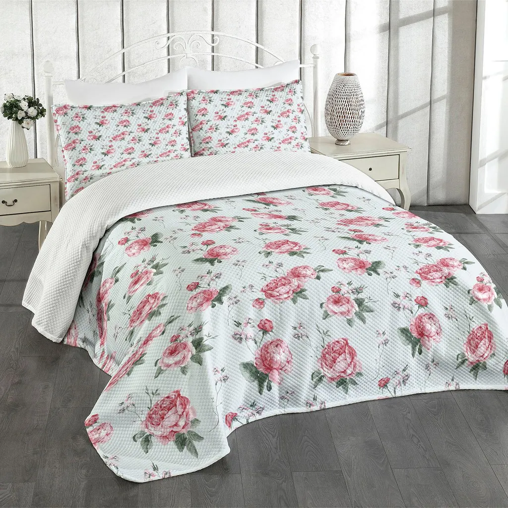Copriletto Romantico Shabby Flora Rose ABAKUHAUS 220x220 Verde