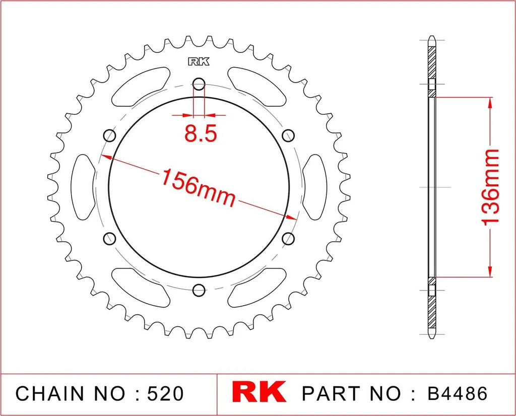 Pignon de Remplacement RK 4486 pour Entretien Chaîne Derbi 659 et RGV