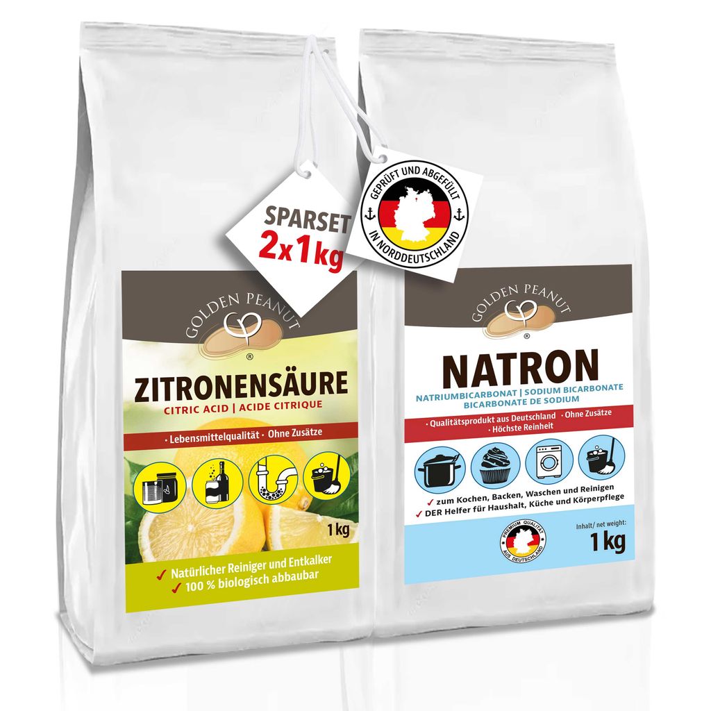 Two bags of cleaning products, one citric acid and one natron, displayed side-by-side.