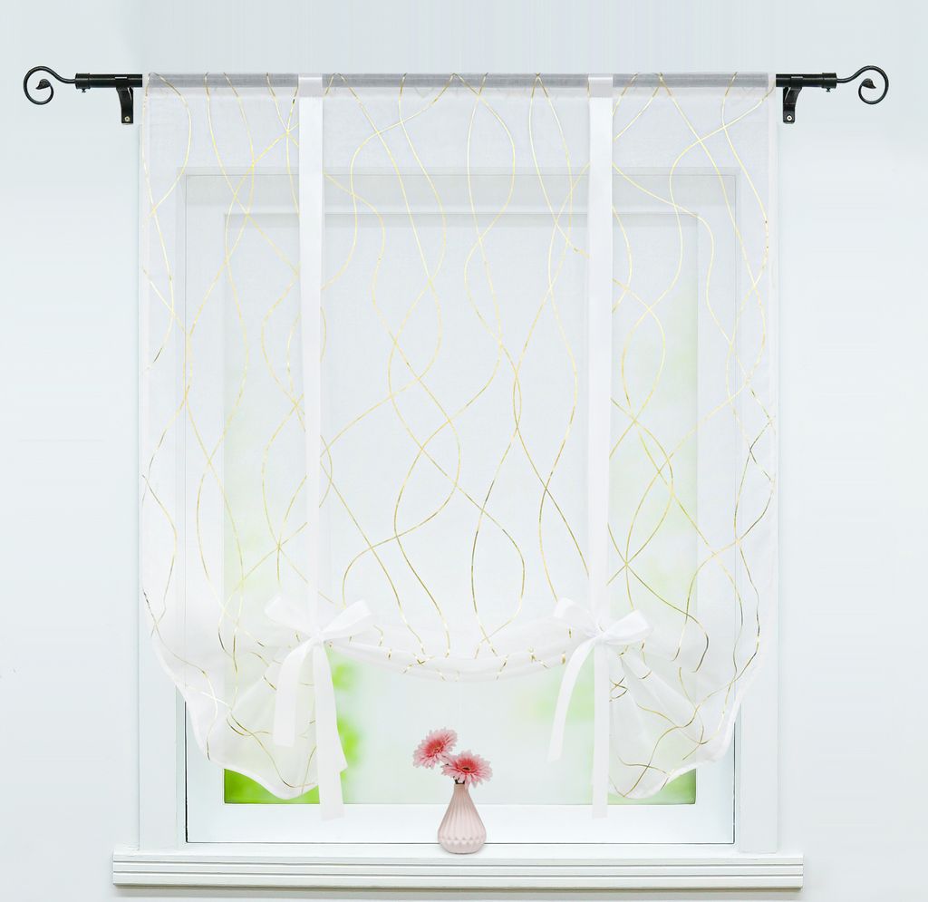 Raffrollo Voile Raffgardinen Stangendurchzug mit Wellenstreifen Tunnelzug Satinband Halbtransparent Gold BxH 140x140cm