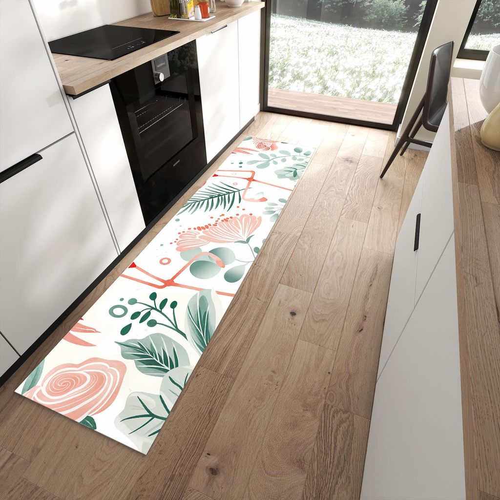 Küchenteppich 60x240cm rutschfest & abwischbar PVC Läufer - Flamingo Blätter