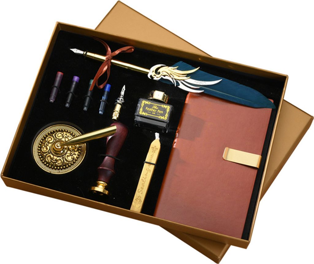 Federkiel- und Tintenset, Retro-Feder-Tintenstift-Set, Vintage-Kalligraphie, Schreiben von Unterschriften, mit Notizbuch aus Kunstleder und 2 Schre...