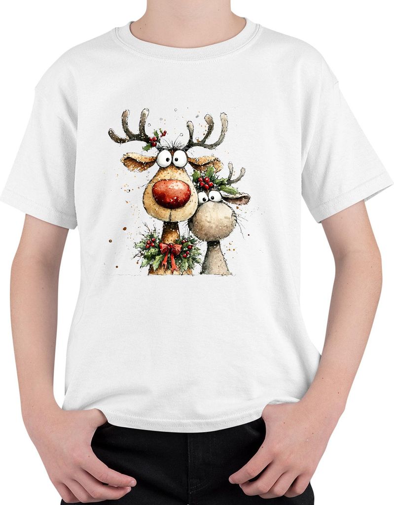 Lustige Rentiere Rotnase Weihnachten Geschenk Aquarell Niedlich Uni Kinder T-Shirt, Weiß, 116