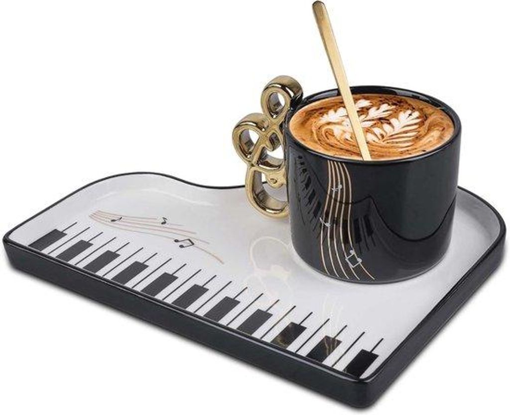 Keramische Kaffee-Mok mit Schüssel und Löffel, 200 ml - Musiknote und Piano-Tasten bedruckte Tasse - Geschenkmok für Musikfreunde - Schwarz