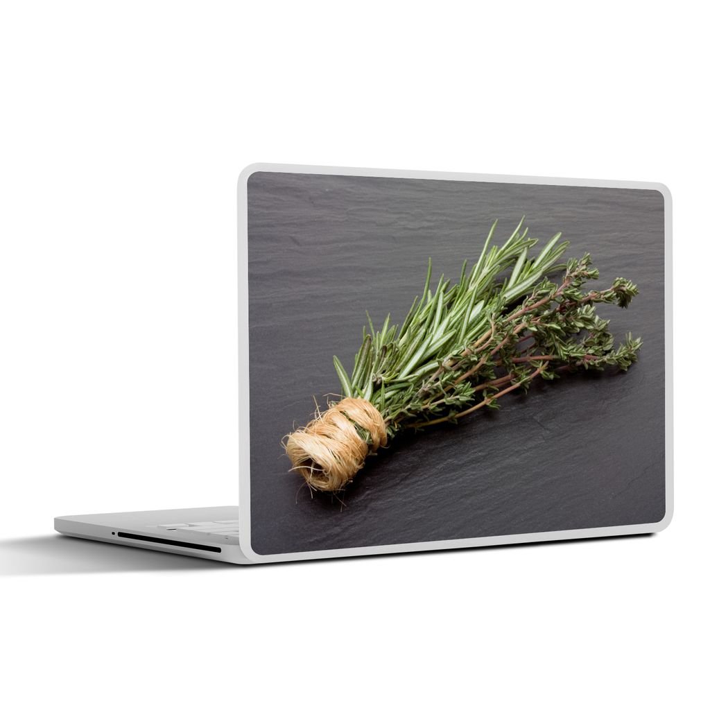 MuchoWow Laptop Aufkleber Sticker Cover Thymian - Kräuter - Grün - Tisch - Küche - Stein 36.5x27.5 cm - Laptop-Sticker
