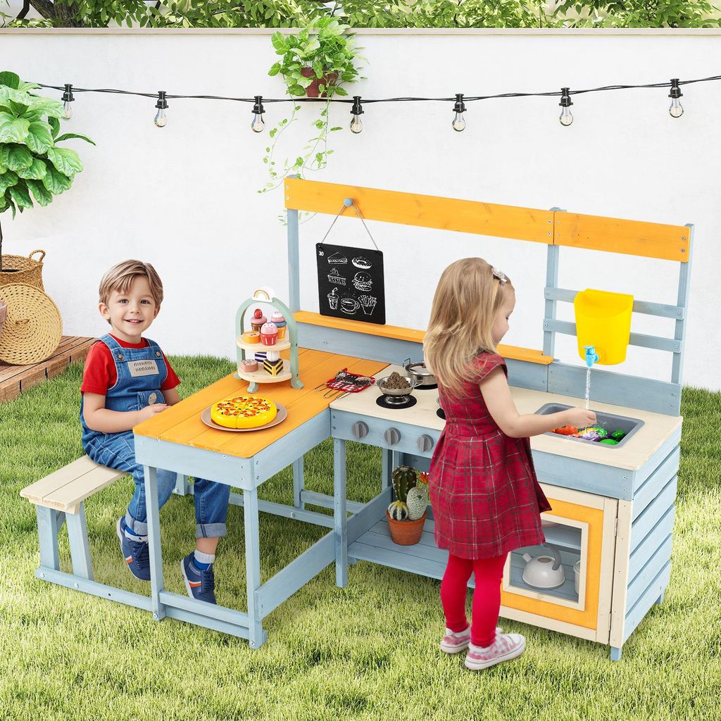 COSTWAY Kinder Matschenküche, Spielküche aus Fichtenholz mit Picknicktisch, Bank, Tafel, Wasserbehälter Spüle Dessert&Zubehör, Outdoor Küchen...