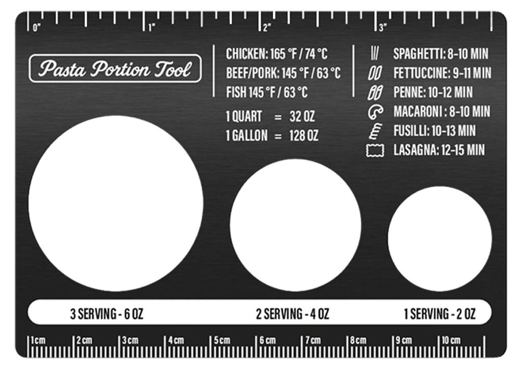 Portionsmesser für Pasta mit Kochanleitung, Küchenwaage aus Edelstahl für Spaghetti, inklusive Umrechnungstabelle für Einheiten und Kochzeit, t...